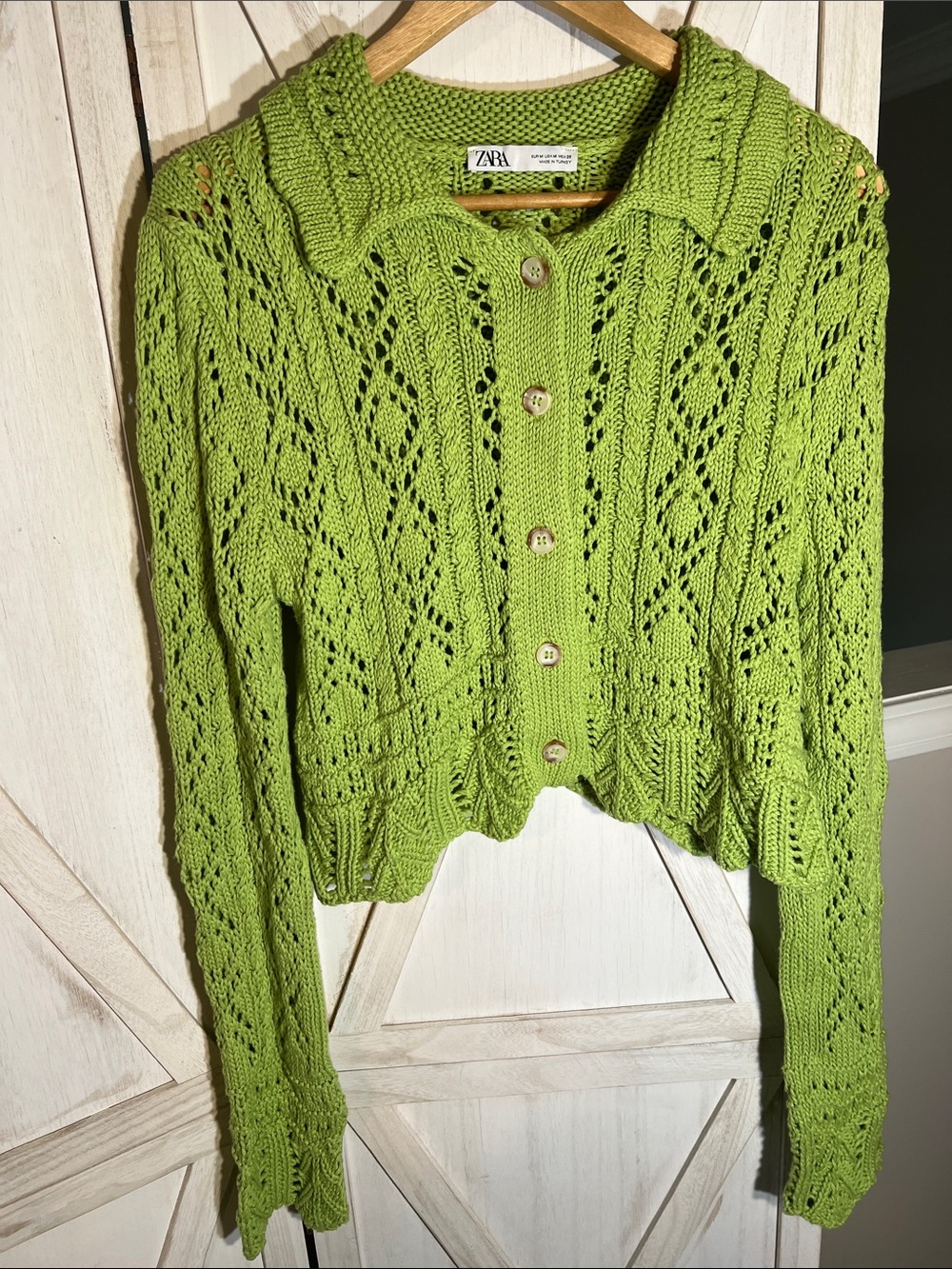 Zara Lime Green Open-Knit Button Cardigan